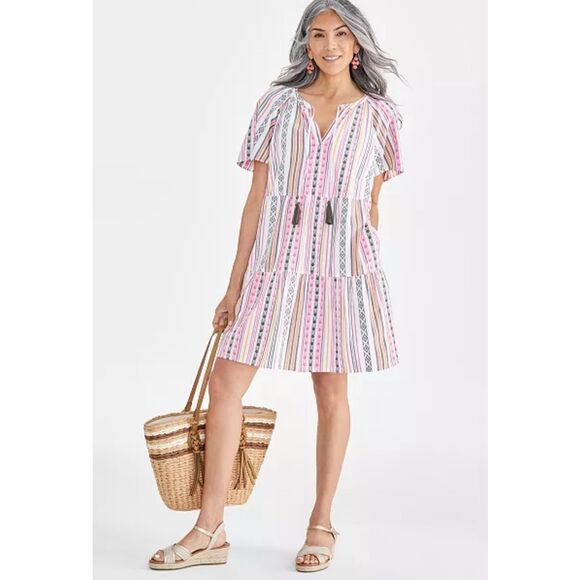 Style & Co. Womens Split‎ Neck Tassel Short Sleeve Tiered Dress Multicolor Small - Picture 1 of 10